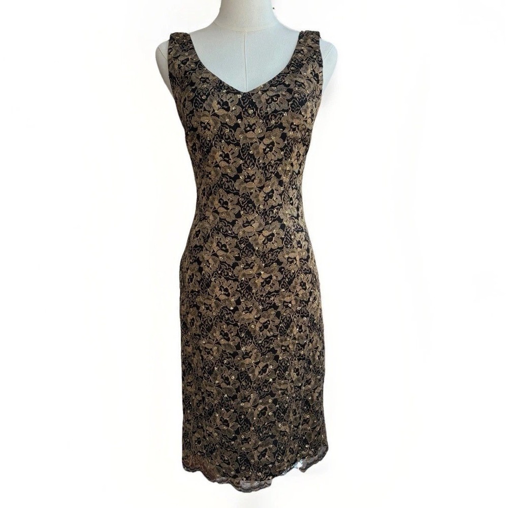 Mica Sleeveless Black Lace Cocktail Dress Sz 4 Sheath Gold Metallic Event Formal